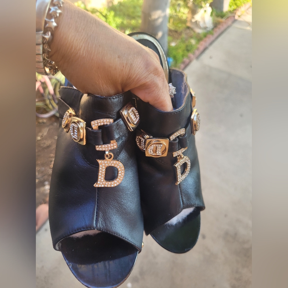 Dior Black Leather Mules with Gold Accent Heels - Picture 8 of 15